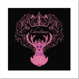 Pink Christmas deer Posters and Art